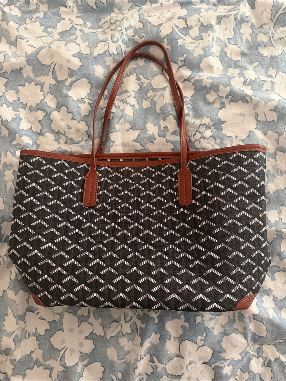 Women's Black Patterned Tote Bag with Brown Trim